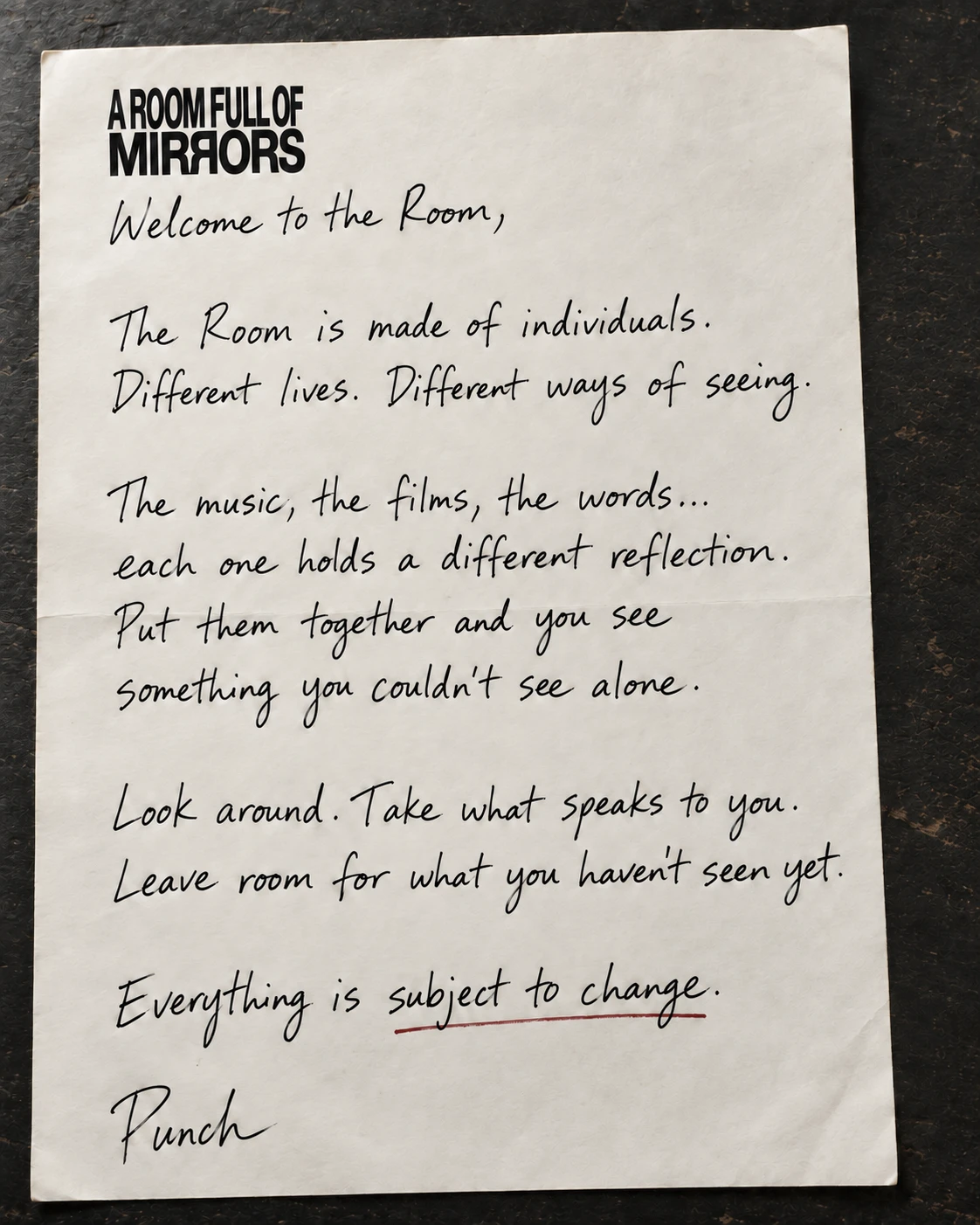 Punch’s handwritten letter on cream paper under the A Room Full of Mirrors wordmark.