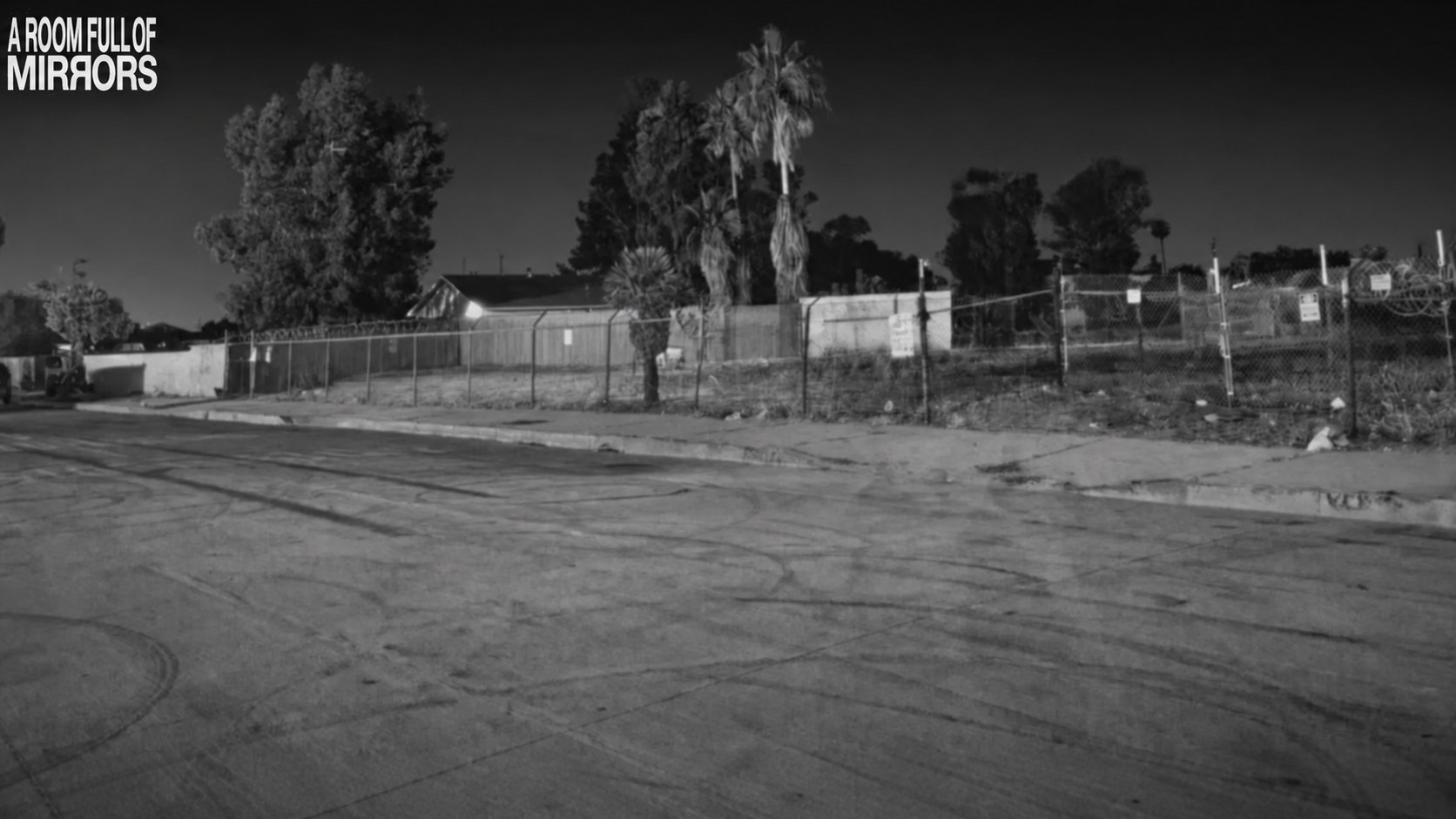 The block at dusk in black and white -- chain link, palms and an empty lot across a wide stretch of road, with A ROOM FULL OF MIRRORS set small in the corner